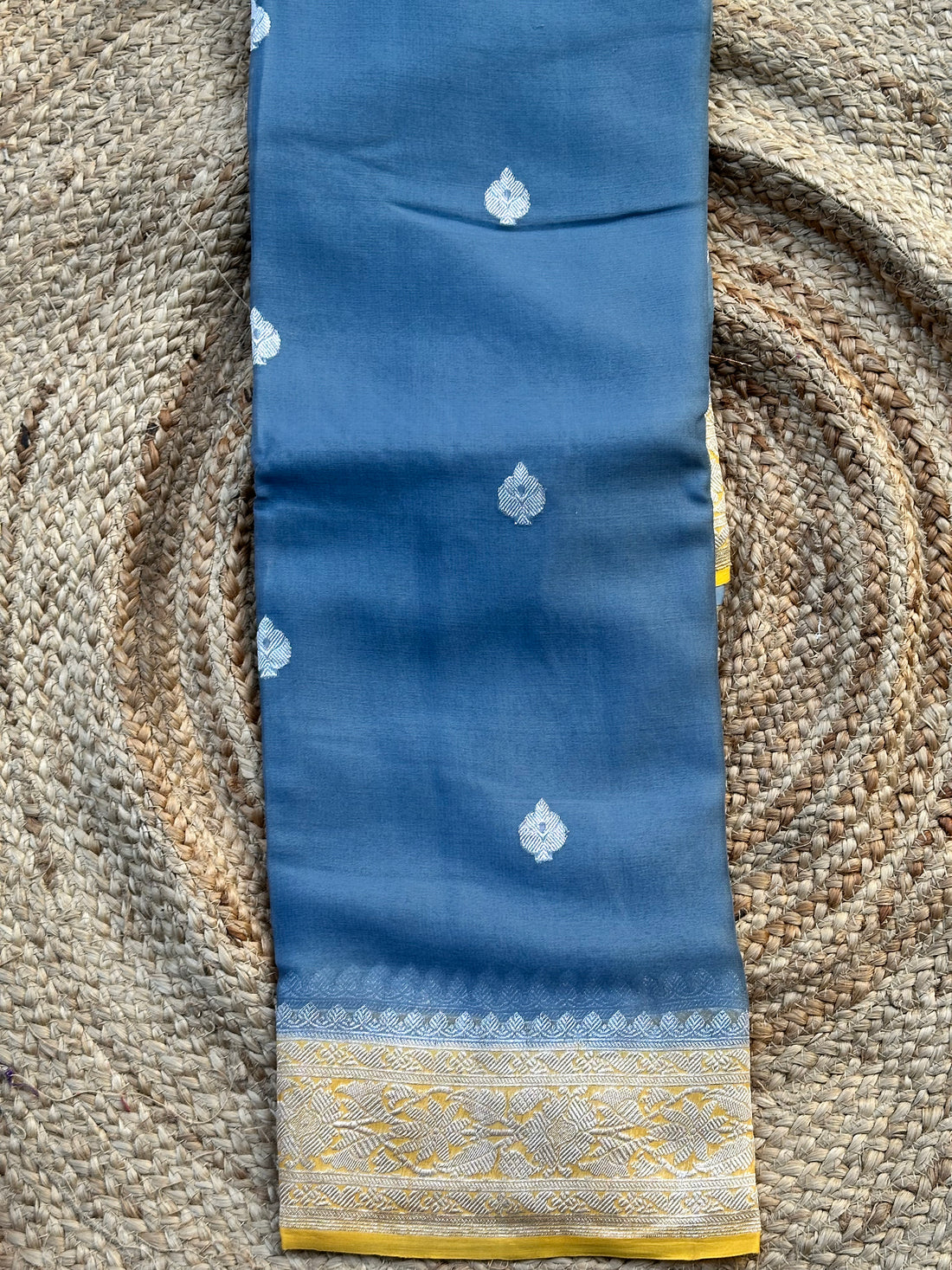 Grey with mustard pure khaddi Georgette silver zari woven