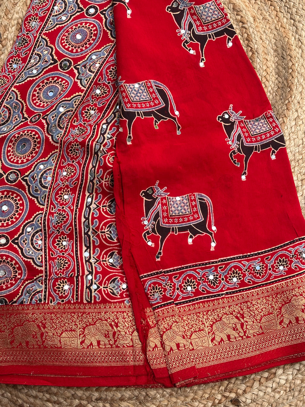 Red Ajrak dola mirror work with premium zari