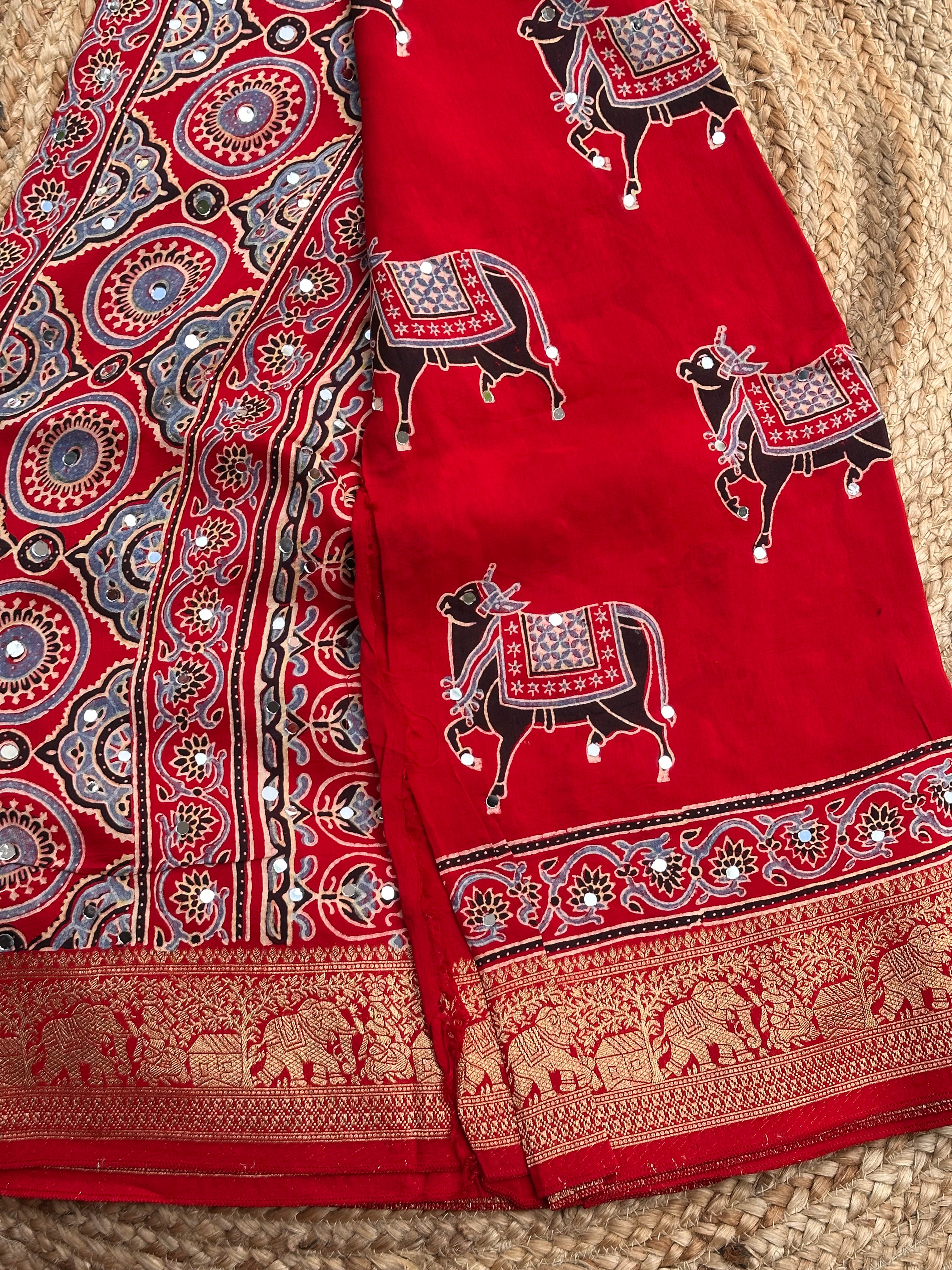 Red Ajrak dola mirror work with premium zari