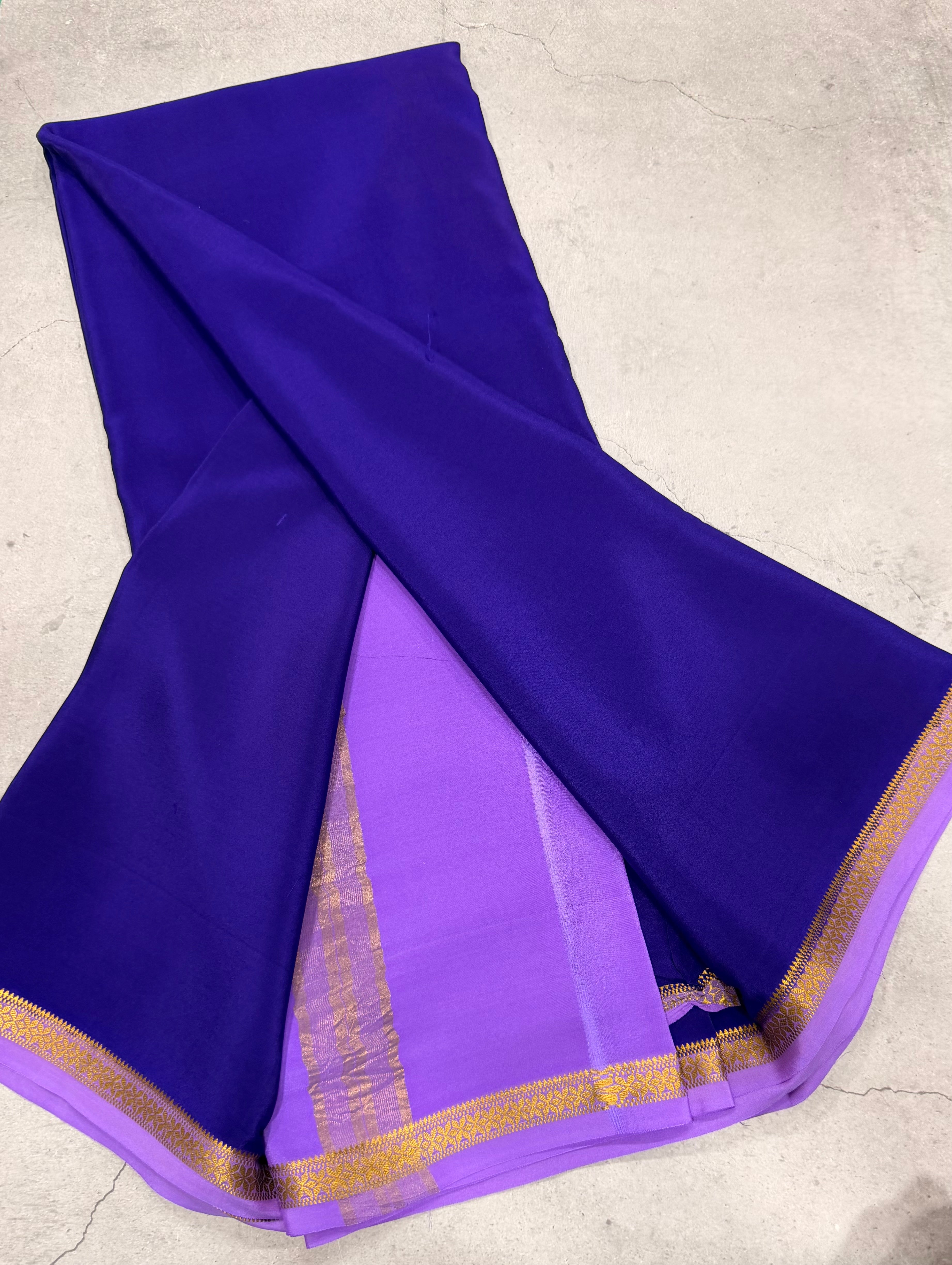 Purple one inch border pure Mysore silk crepe saree