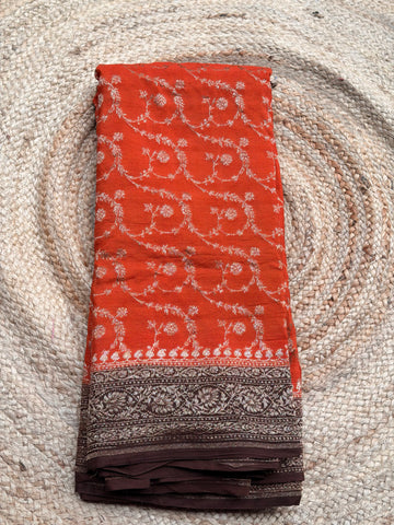 Rust Orange and brown Banarasi Crepe Chiffon in Jaal Pattern