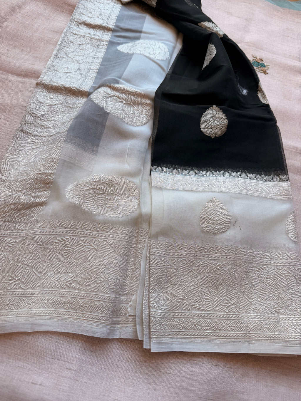 Black double border Banarasi pure khadi chiffon saree sliver zari saree