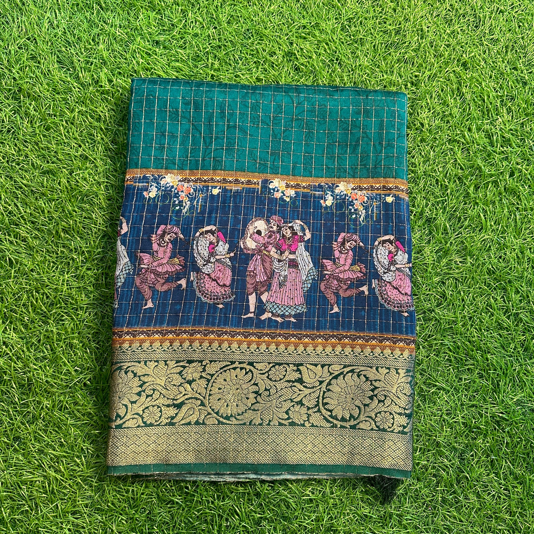 Peacock green dola kalamkari with Banarasi border.