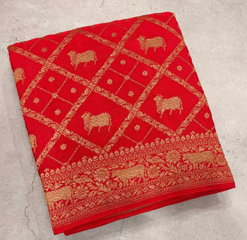 Red pichwai butta pure benarasi crepe silk saree