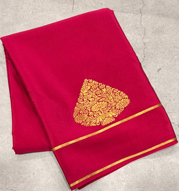 Rani pink leaf big butta pure Mysore silk crepe saree
