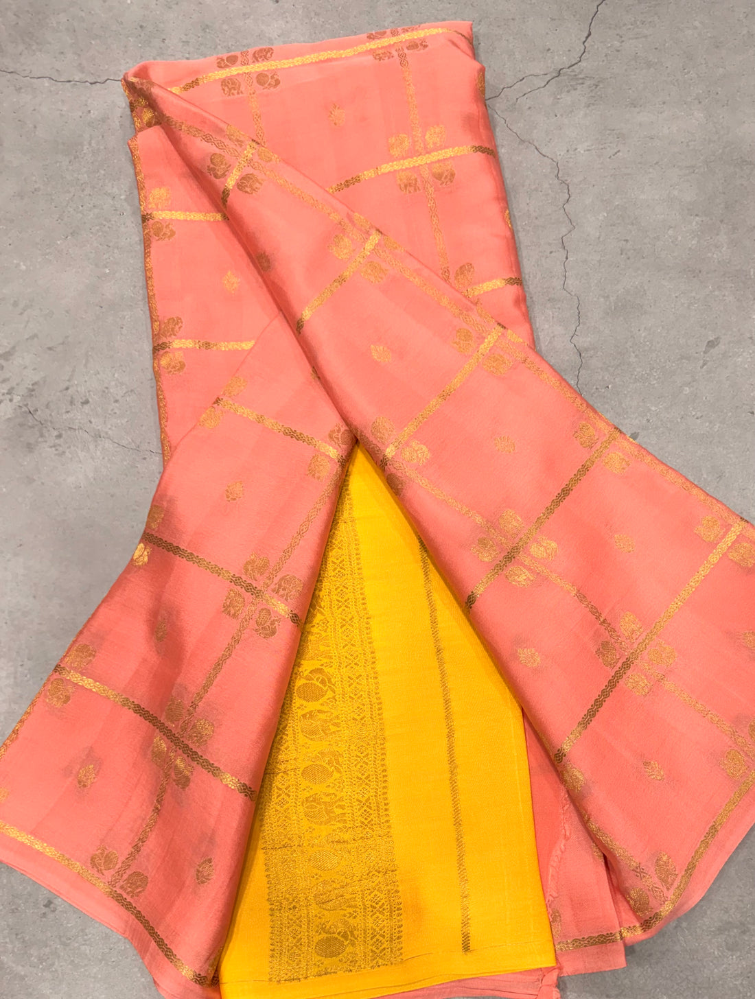 Peach checks pure Mysore silk crepe saree