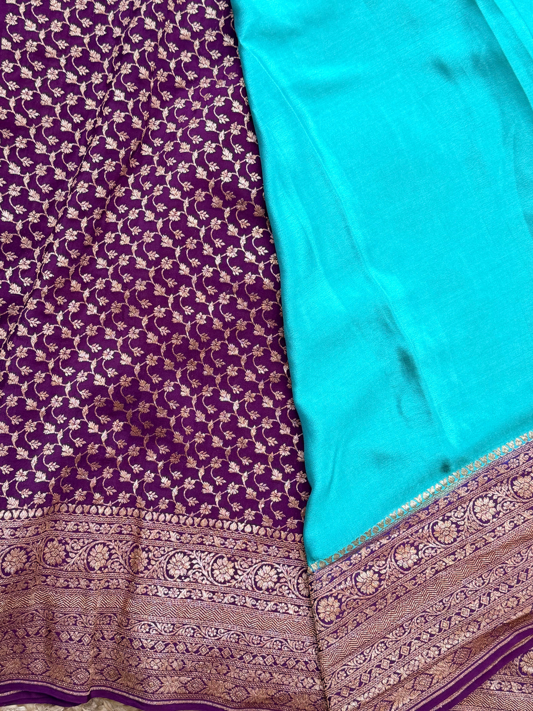 Plain Crepe Banarasi Pure Cyan with Wine