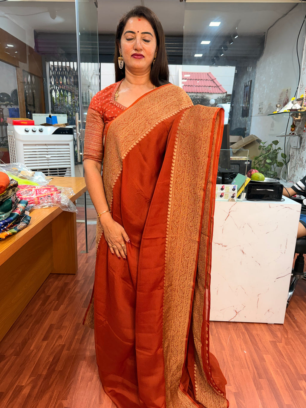 Rust orange pure khadi Georgette plain concept with butti blouse