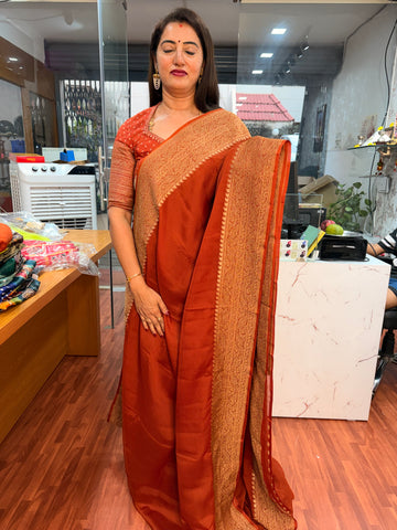 Rust orange pure khadi Georgette plain concept with butti blouse