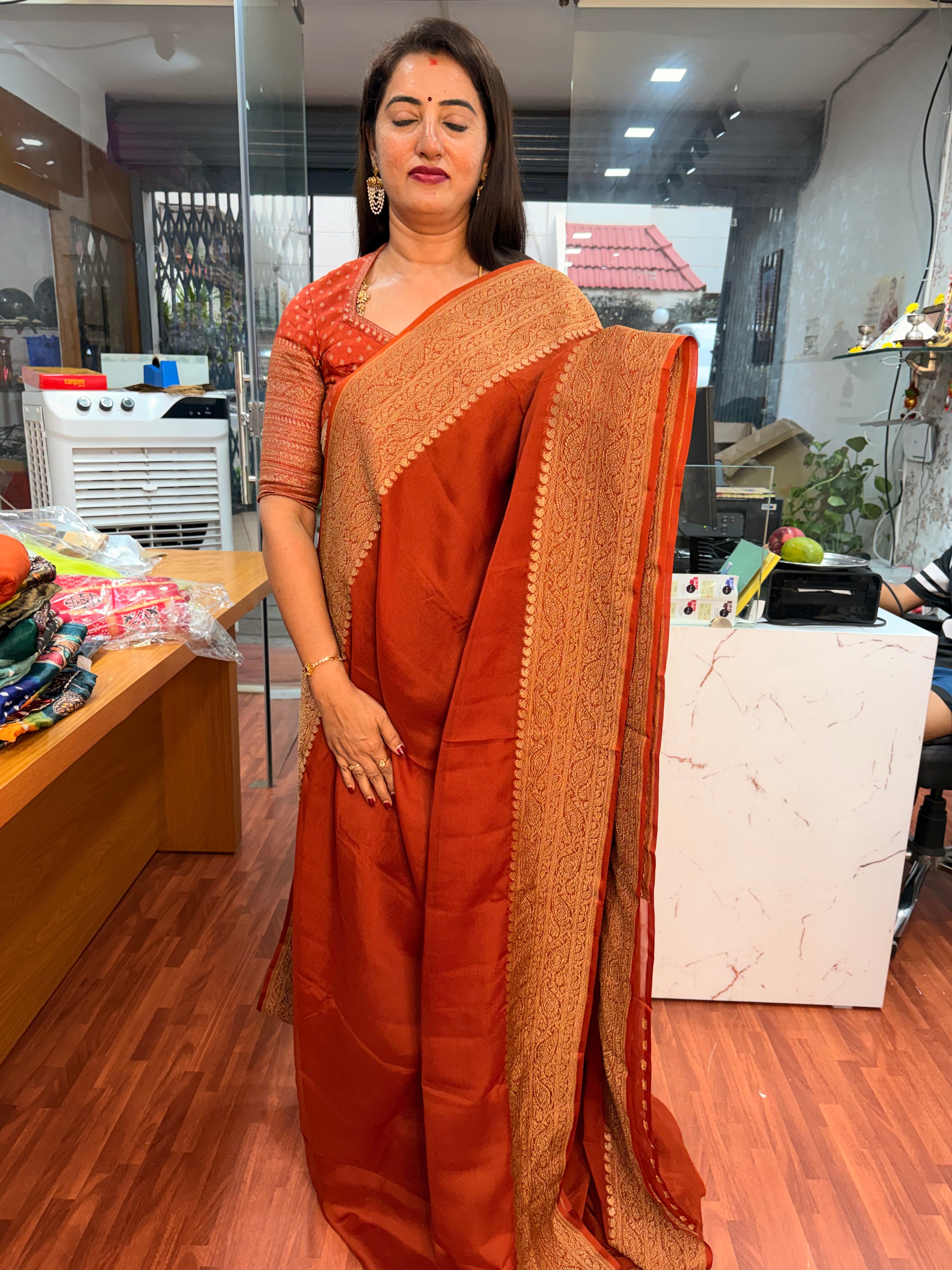 Rust orange pure khadi Georgette plain concept with butti blouse