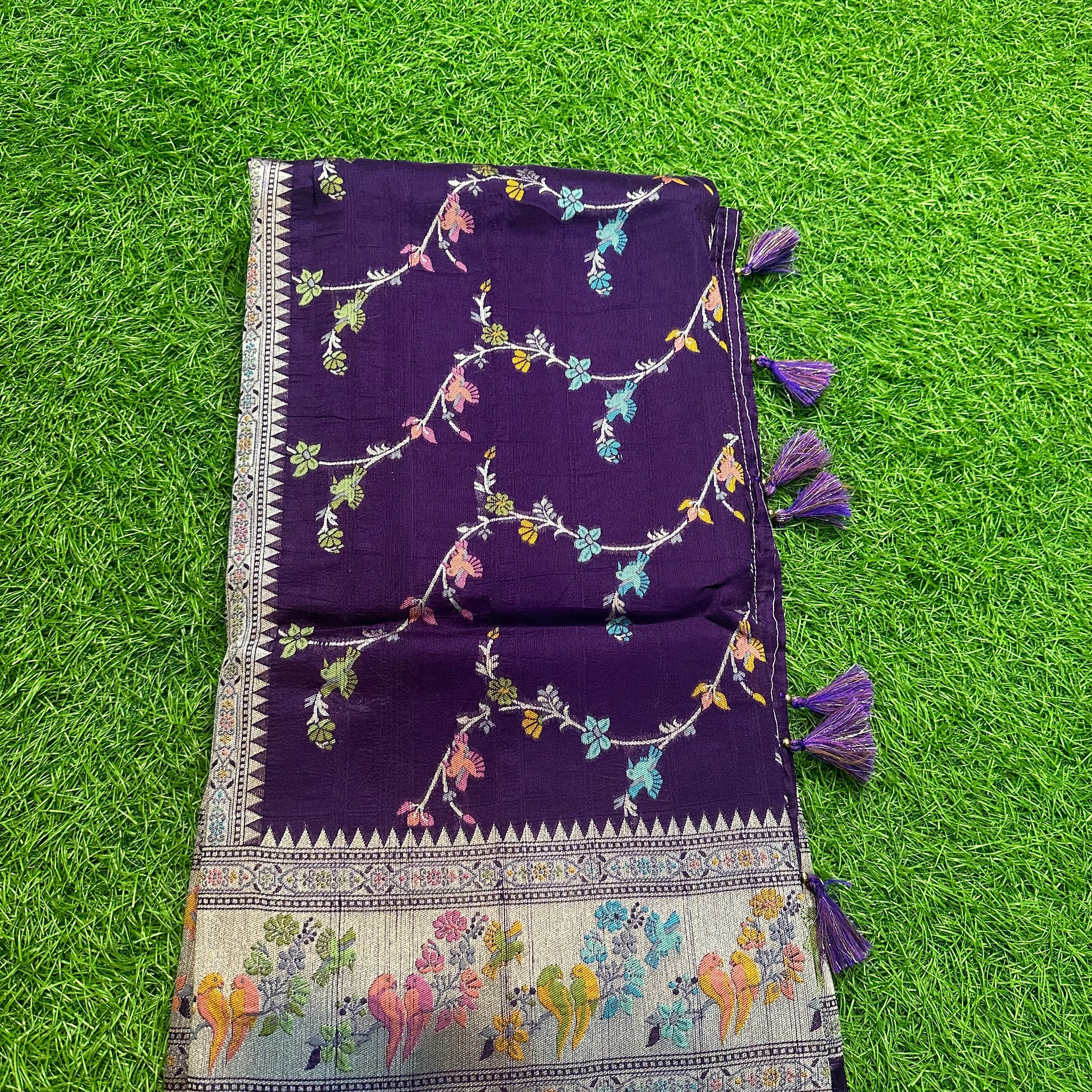 Purple tusser jaal with Paithani border.