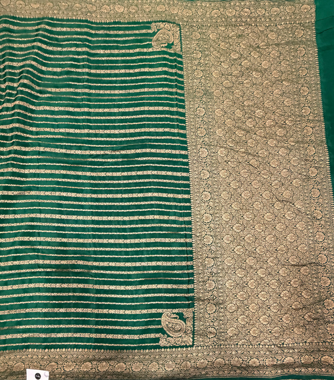 Bottle green stripes pure benarasi crepe silk saree
