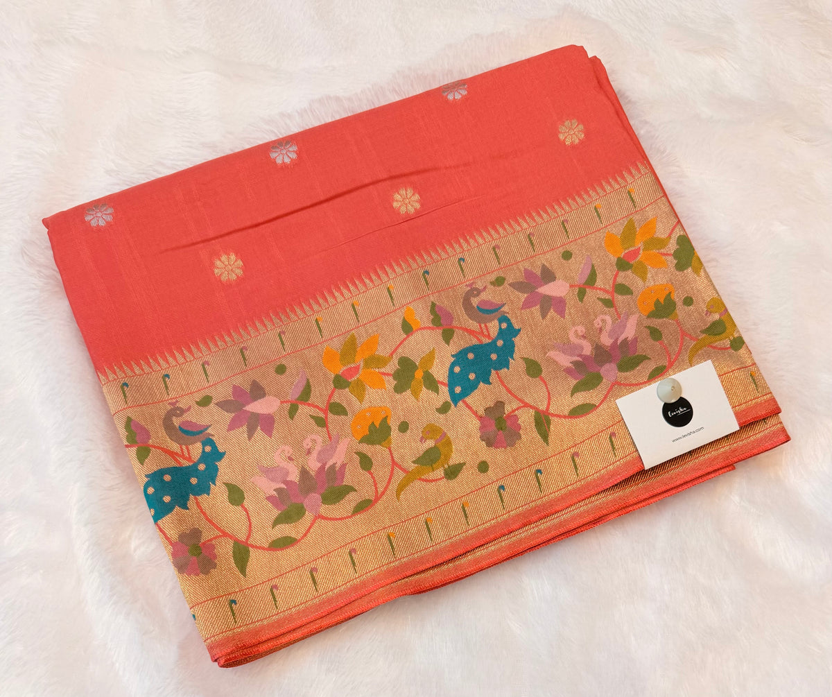 Pastel pink pure paithani swan & peacock border saree
