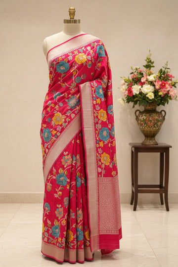 Rani pink Meena work Tussar saree paithani border saree
