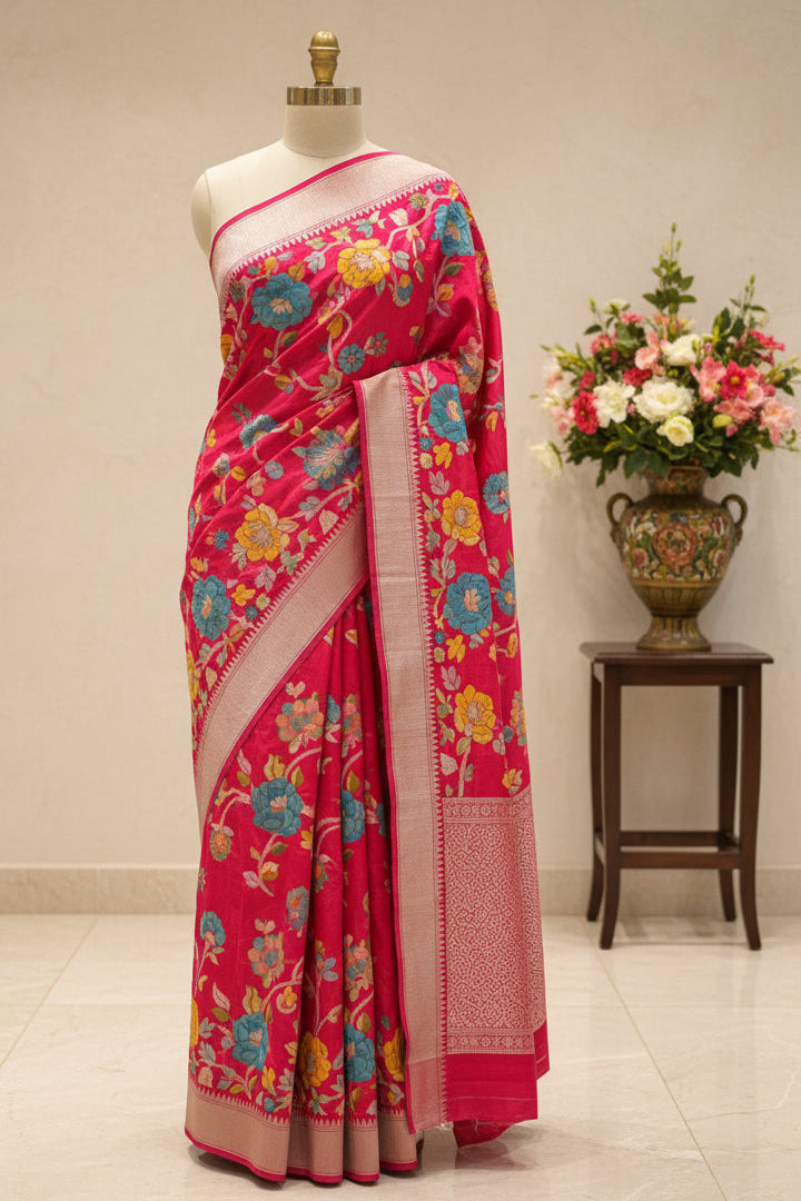 Rani pink Meena work Tussar saree paithani border saree