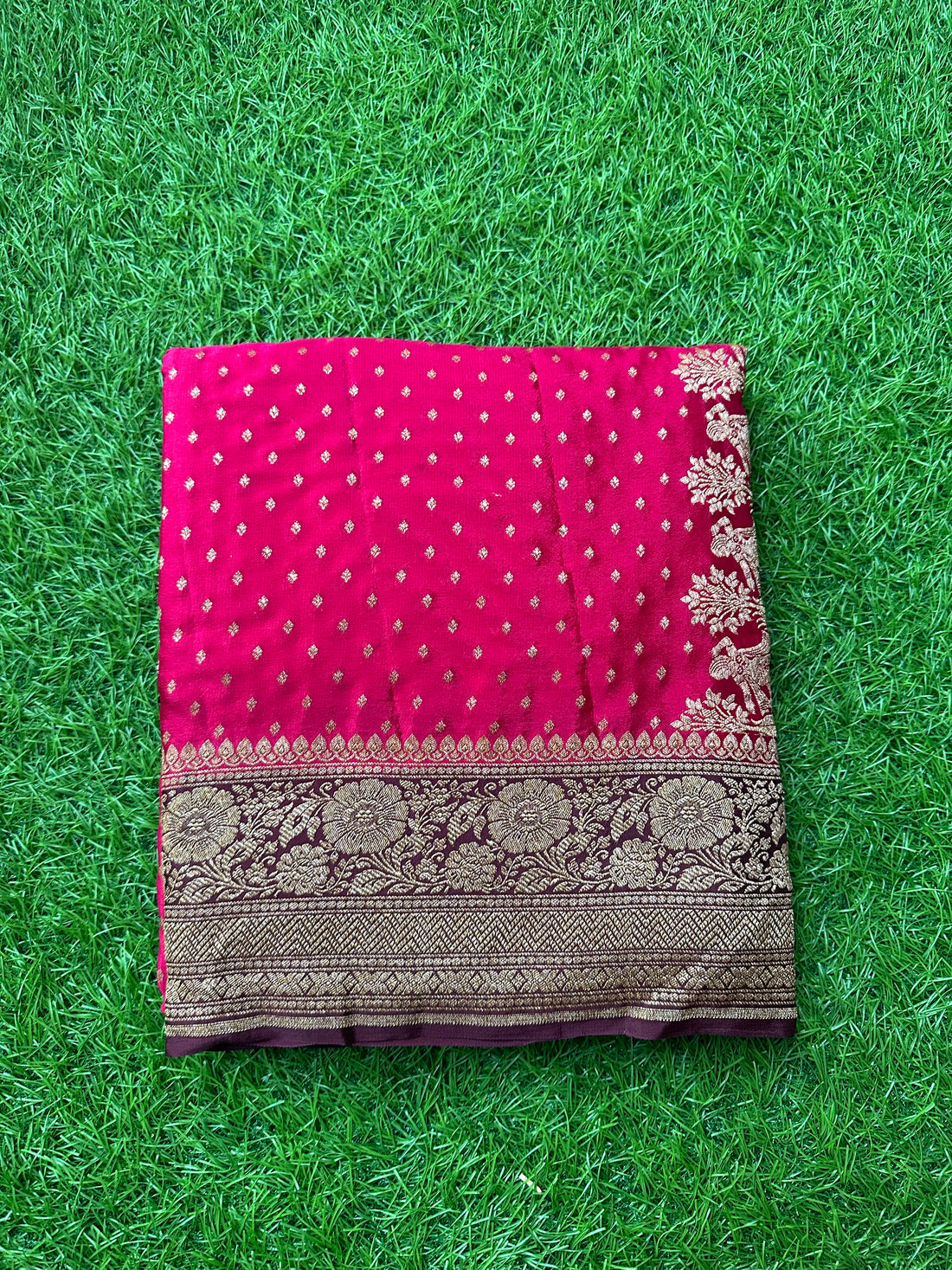 Strawberry pink with coffee brown pure crepe Banaras silk.