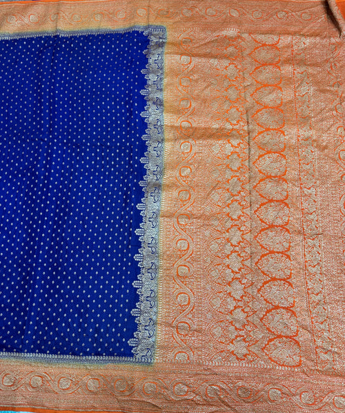 Blue n orange pure benarasi crepe silk saree
