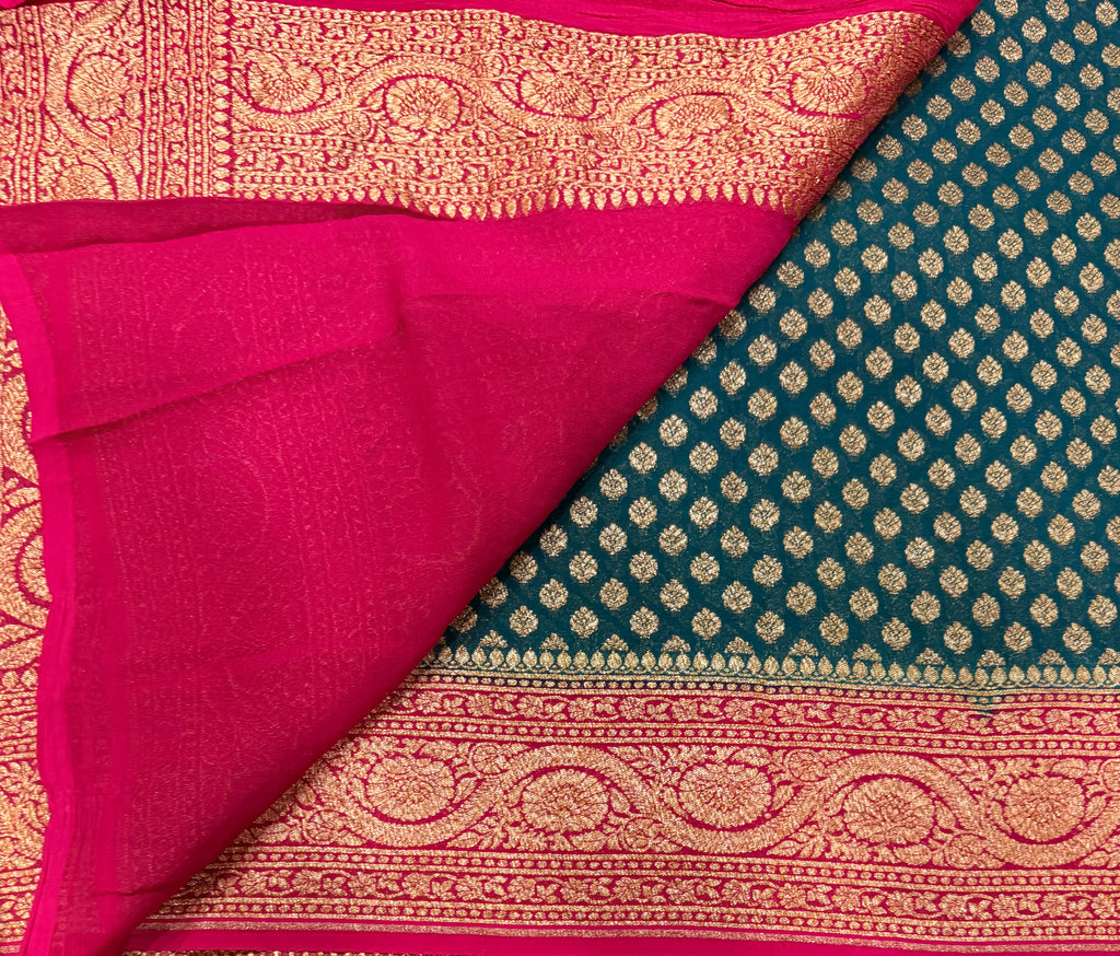 Bottle green small butta pure Banarasi khaddi georgette saree