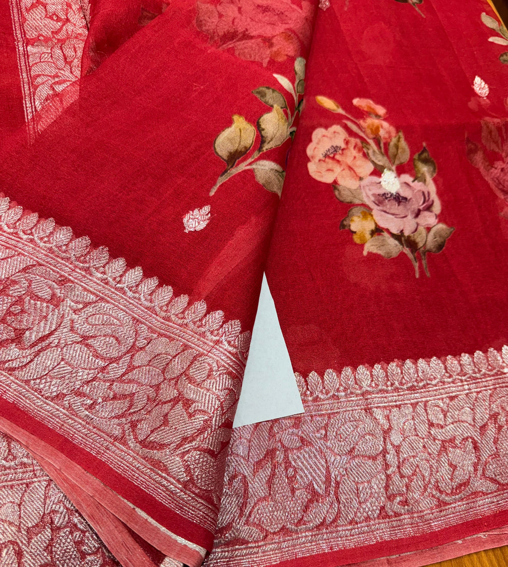 Red digital print Banarasi pure tissue chiffon saree sliver zari saree
