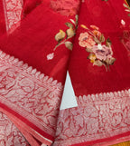 Red digital print Banarasi pure tissue chiffon saree sliver zari saree