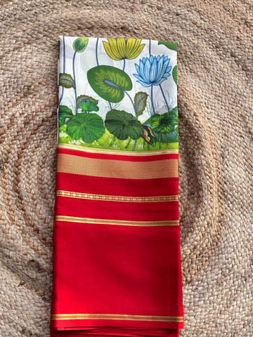 Red crepe with digital prints Mysore Silk sarees