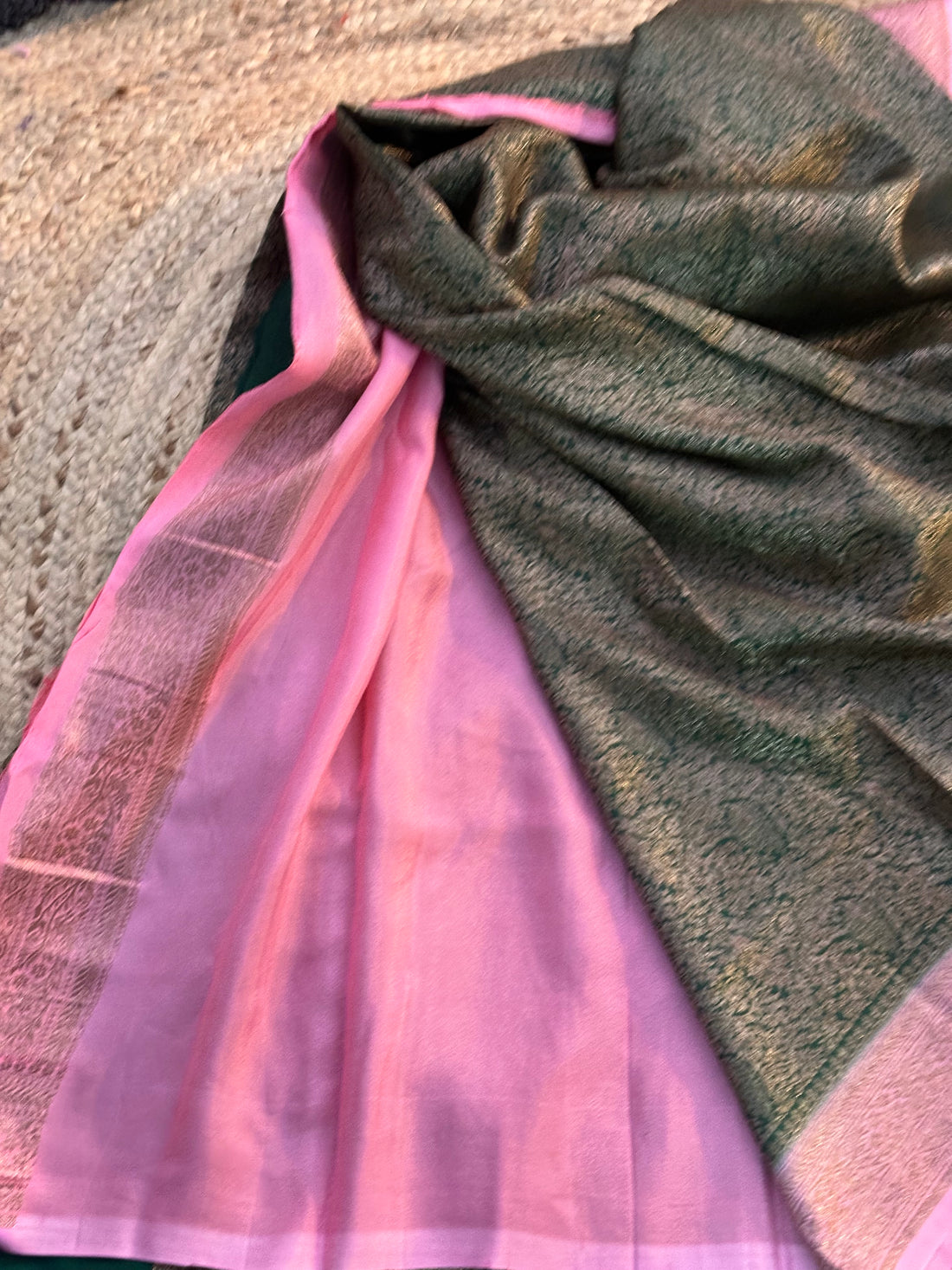 Green with lotus pink brocade crepe Banaras sarees