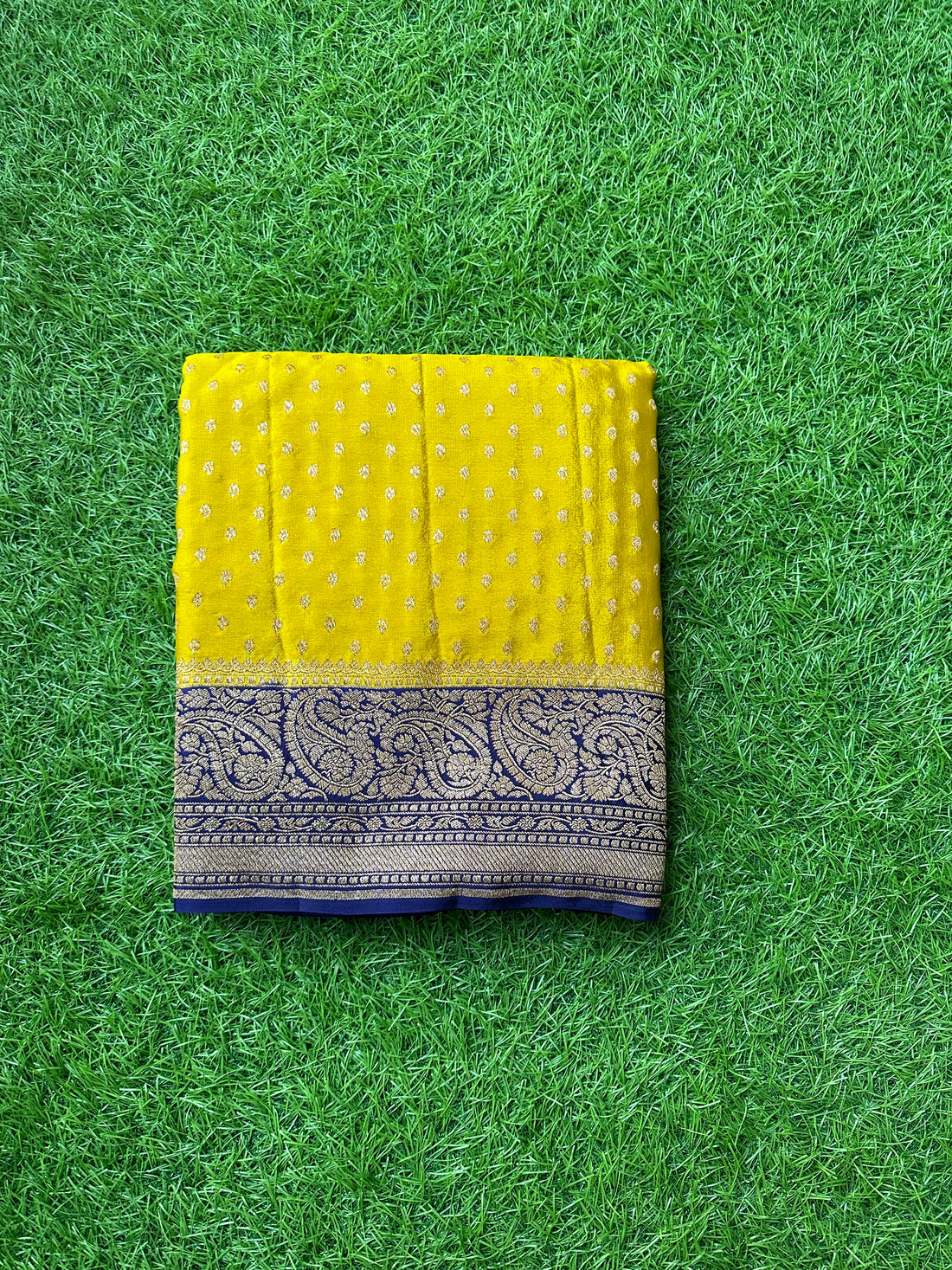 Mustard with purple,pure crepe Banaras silk handloom saree.