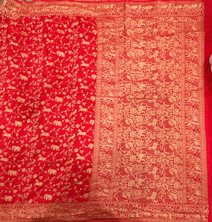Red jaal pattern pure benarasi crepe silk saree
