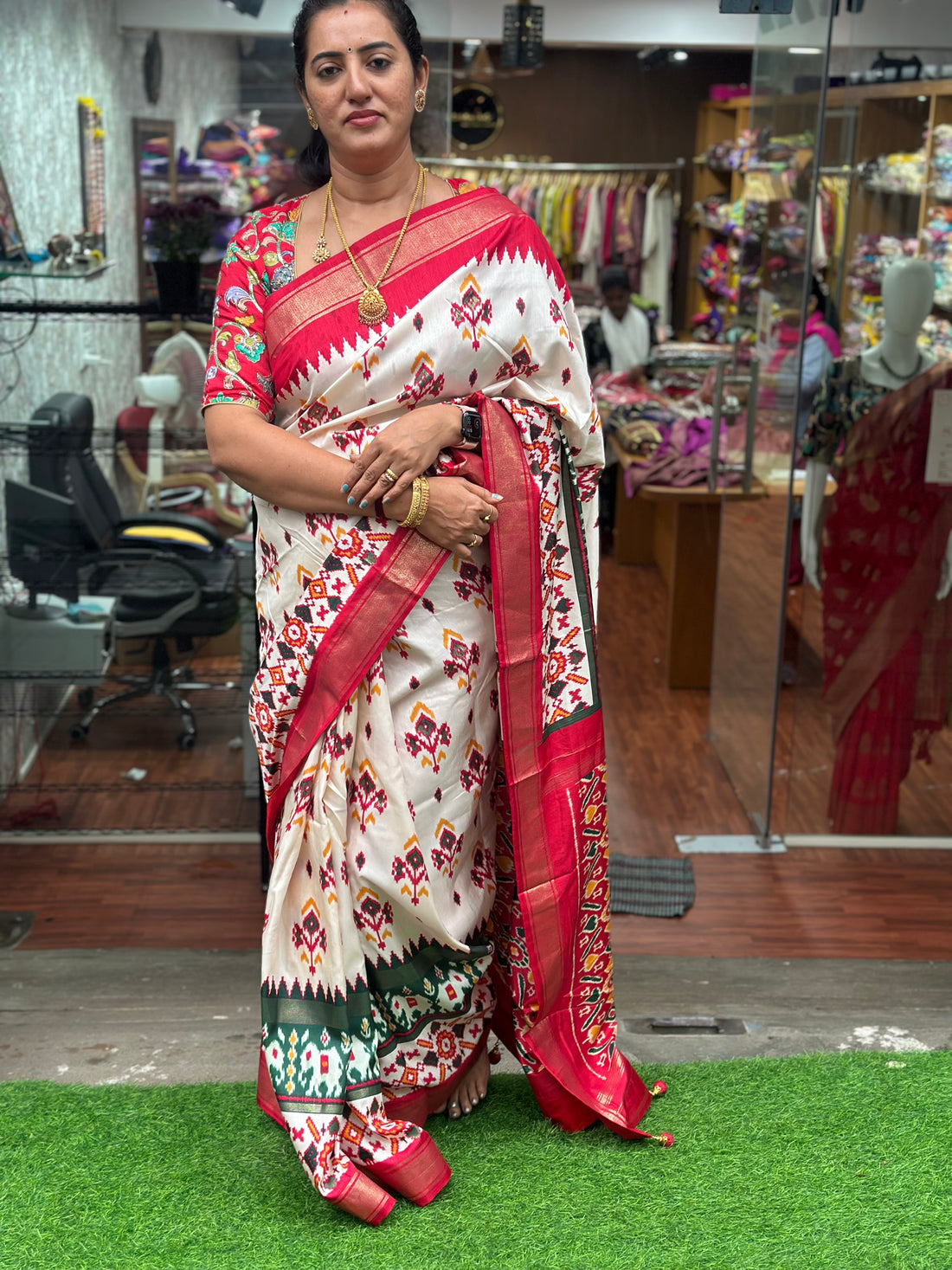 White and red semi Patola sarees