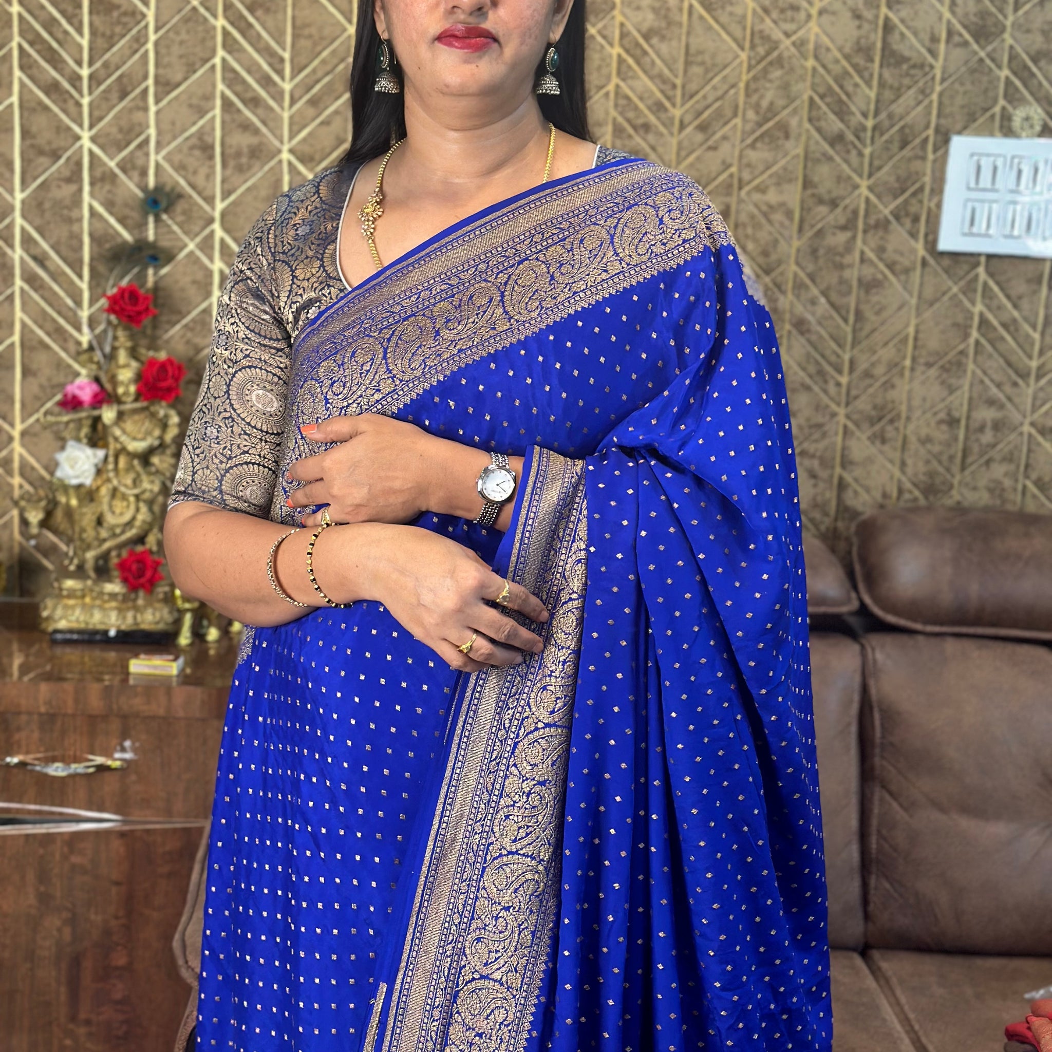 Royal blue pure crepe Banaras sarees.