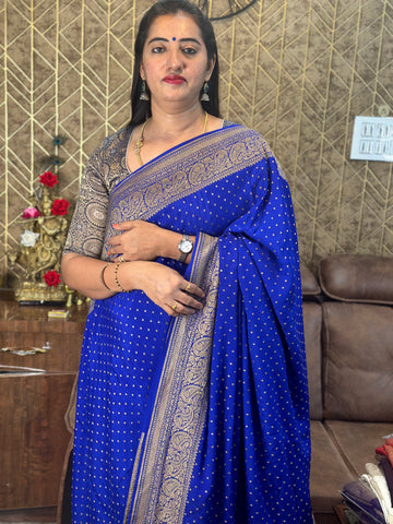 Royal blue pure crepe Banaras sarees.