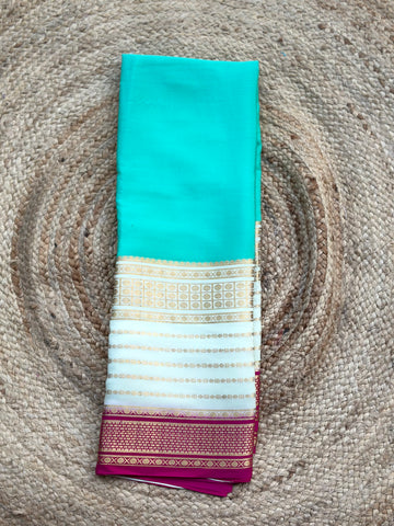 Teal blue with half white Pure crepeMysore Silk sarees 120 gsm