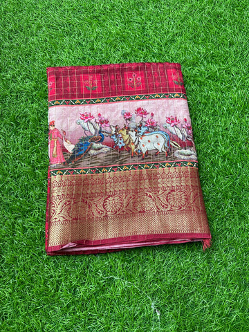 Maroon dola crepe with kalamkari border.