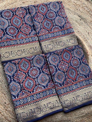 Blue Ajrak block prints dola silk sarees