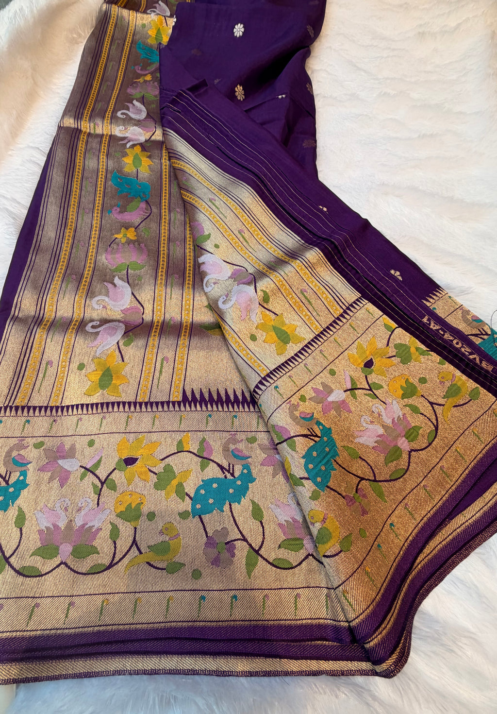 Purple pure paithani swan & peacock border saree
