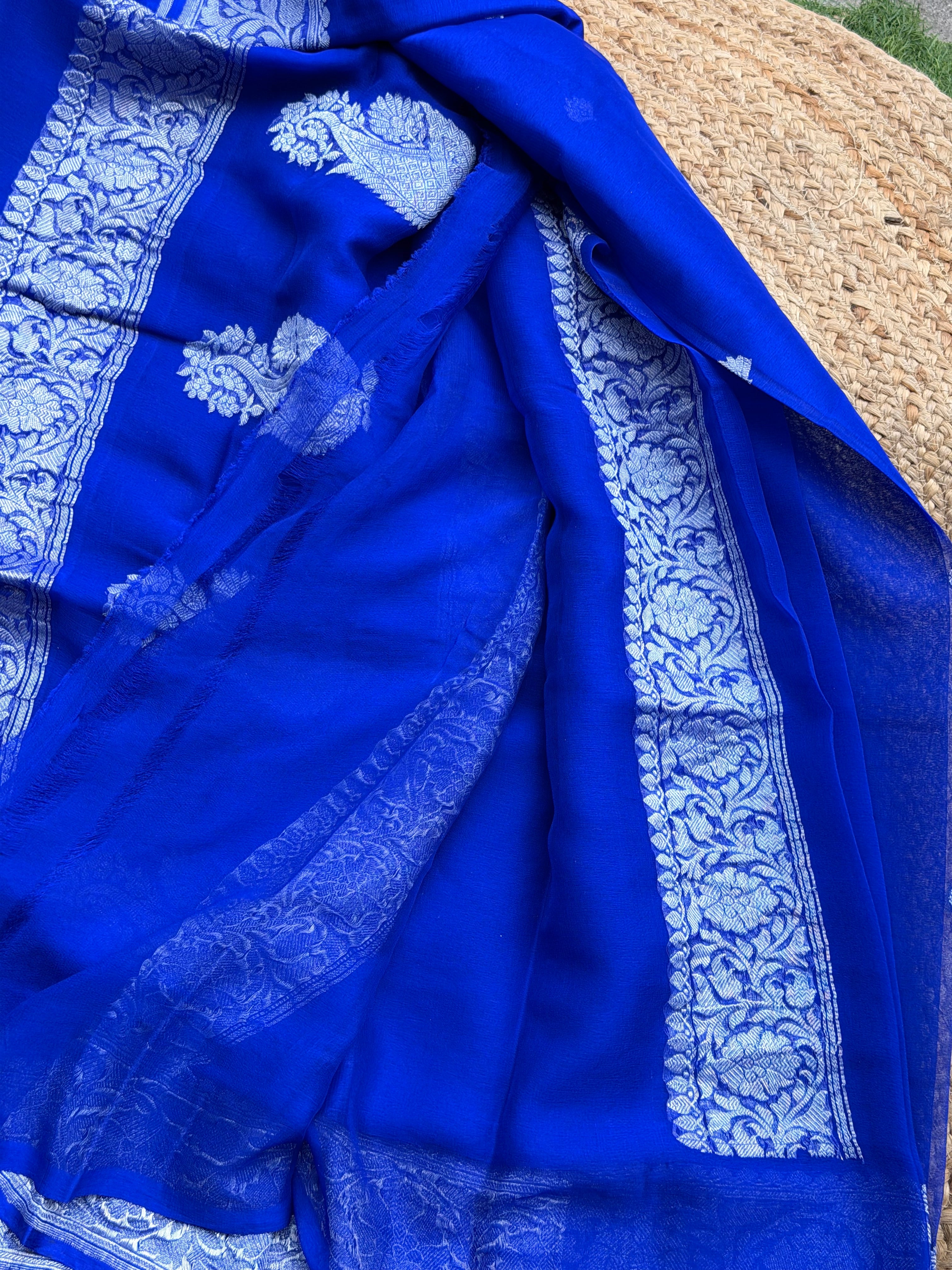 Royal blue Banarasi pure khadi chiffon saree sliver zari woven