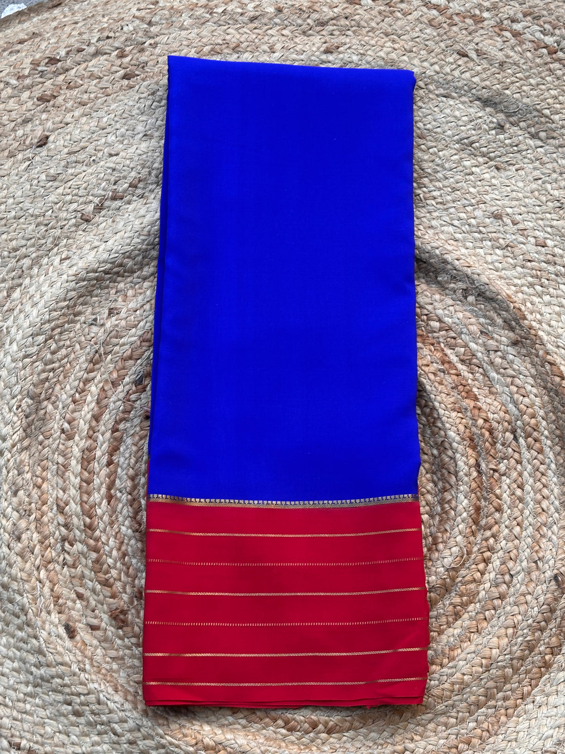 Royal blue and red pure crepe Mysore Silk sarees 7 lines