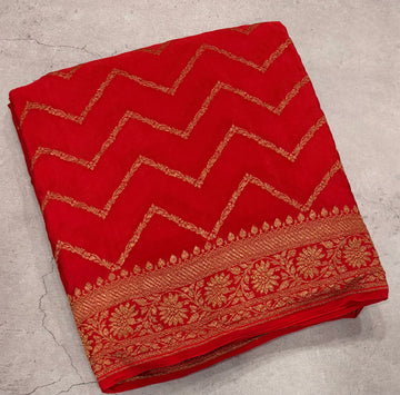 Red zig zag small butta half n half pure benarasi crepe silk saree