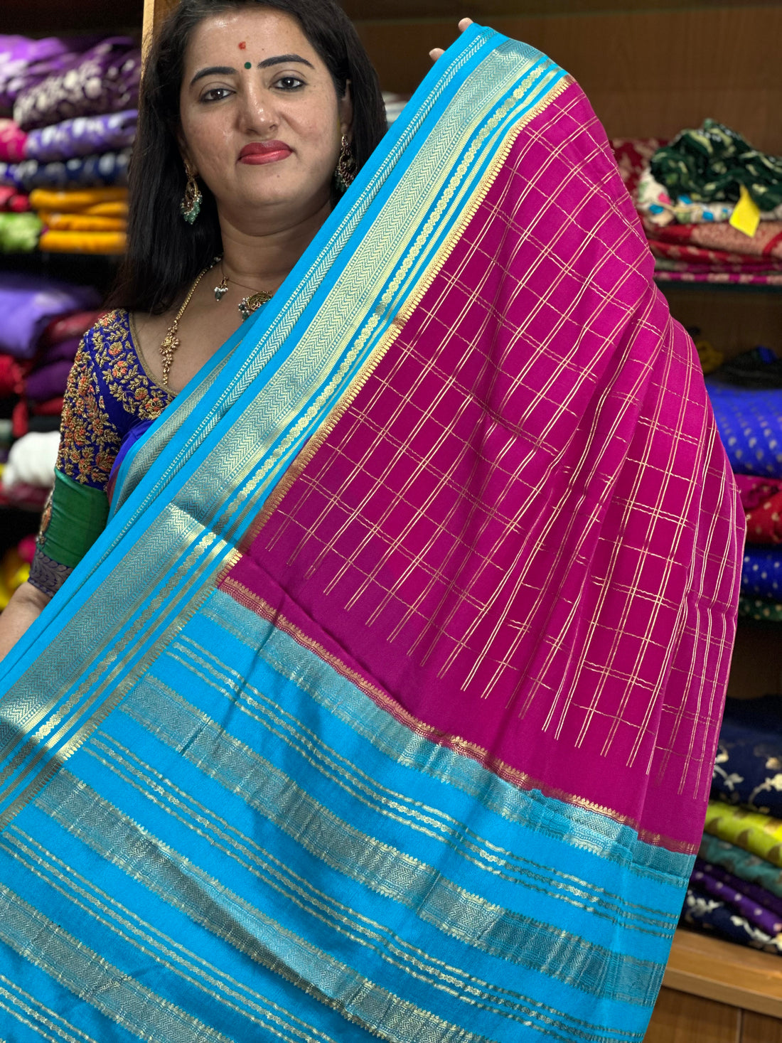 Pink and sky blue pure crepe Mysore Silk sarees 120 gsm