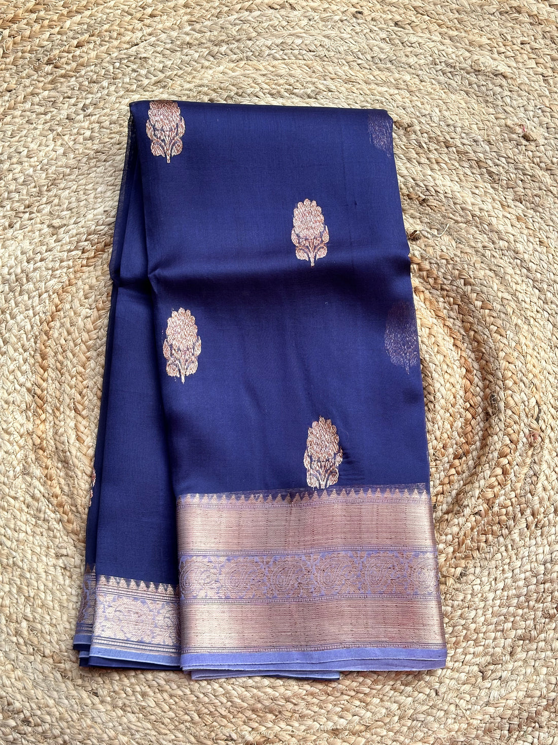 Deep blue and grey pure Kora organza silk hand woven sarees