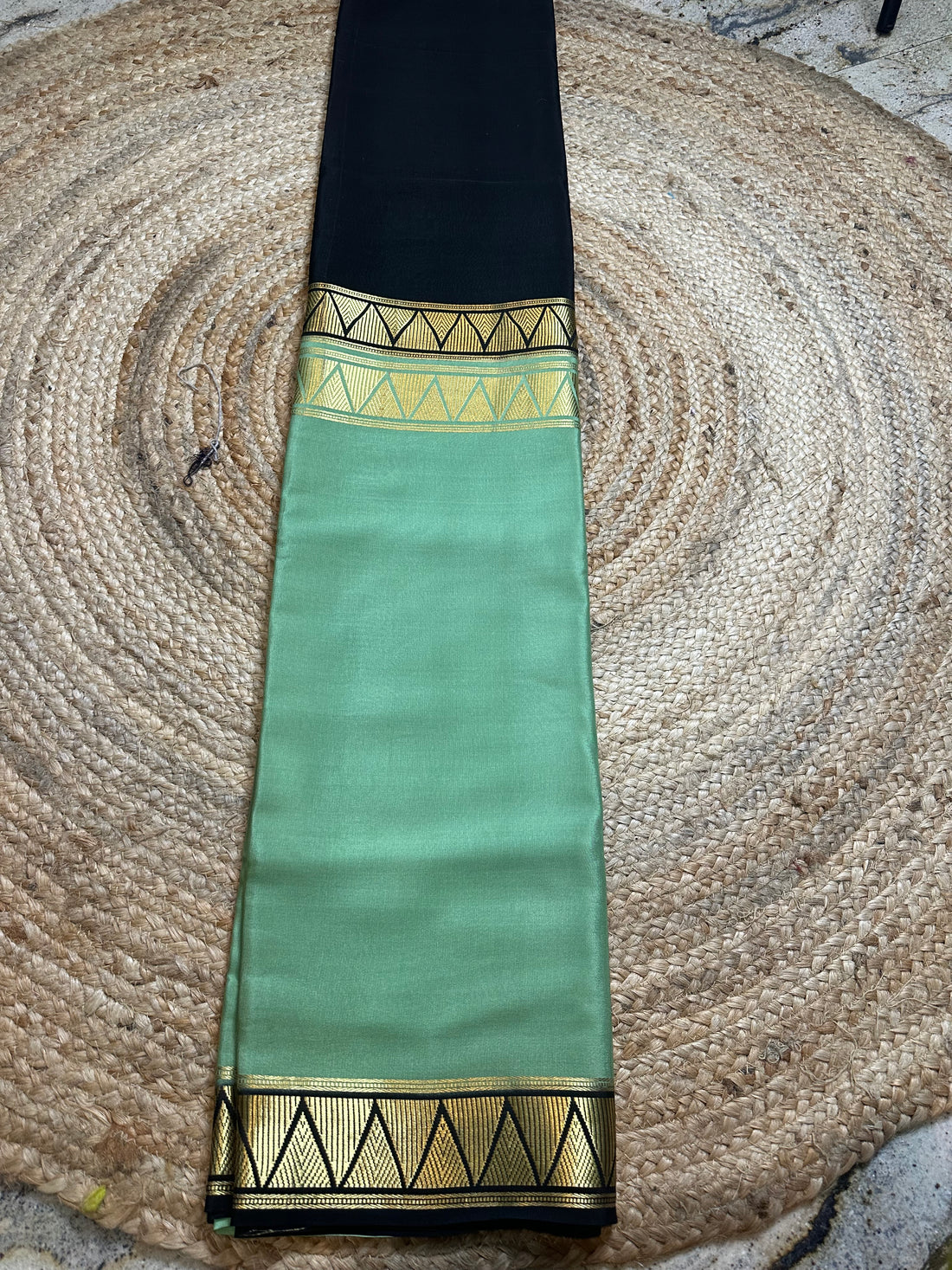 Olive green and black pure Mysore Silk crepe half and half pattern. 120 gsm