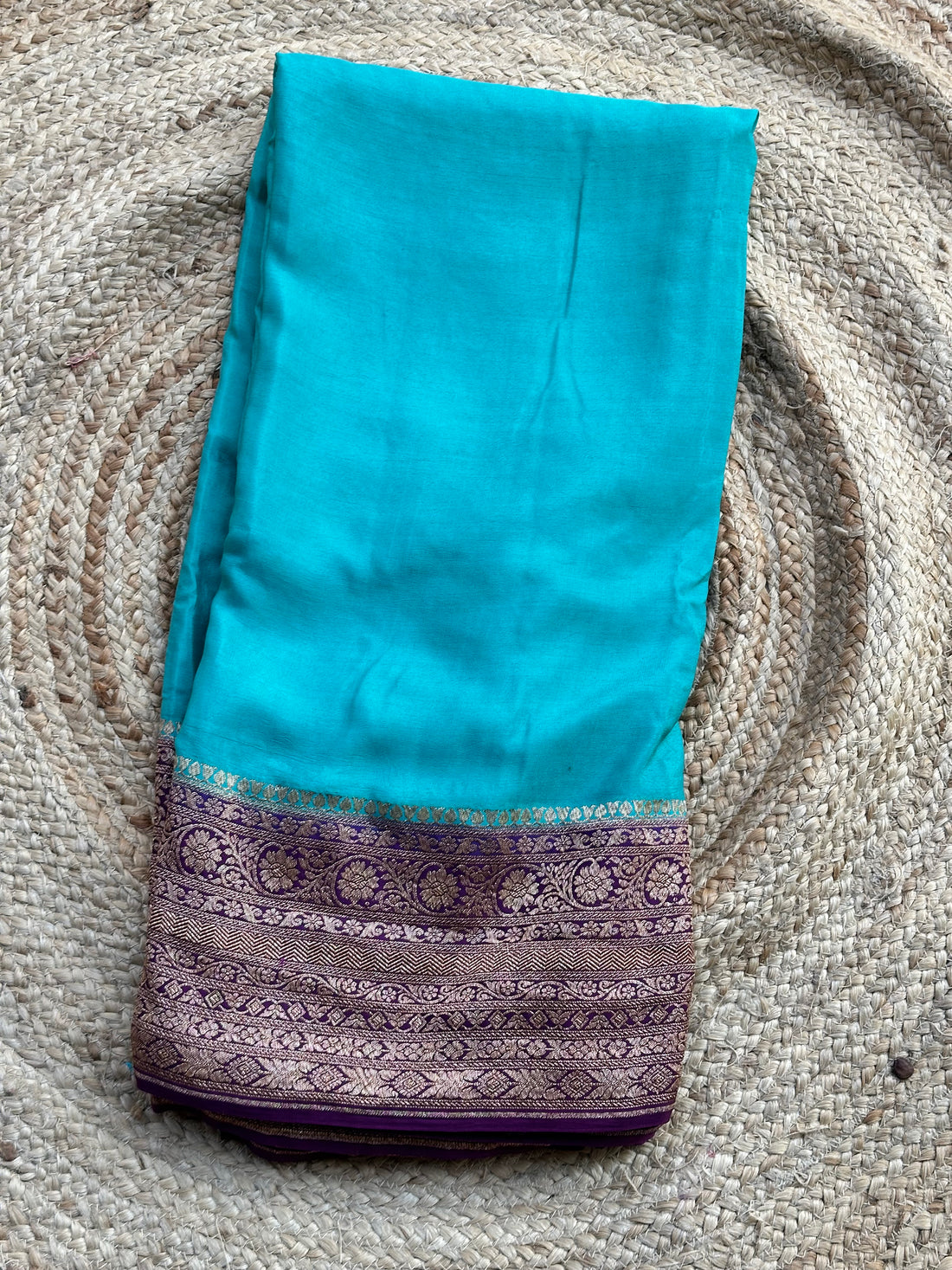 Sky blue with purple pure crepe Banaras saree with Jaal blouse