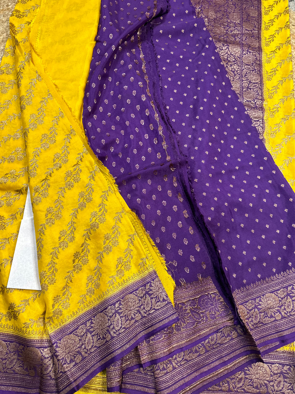Yellow and purple crepe chiffon sarees.