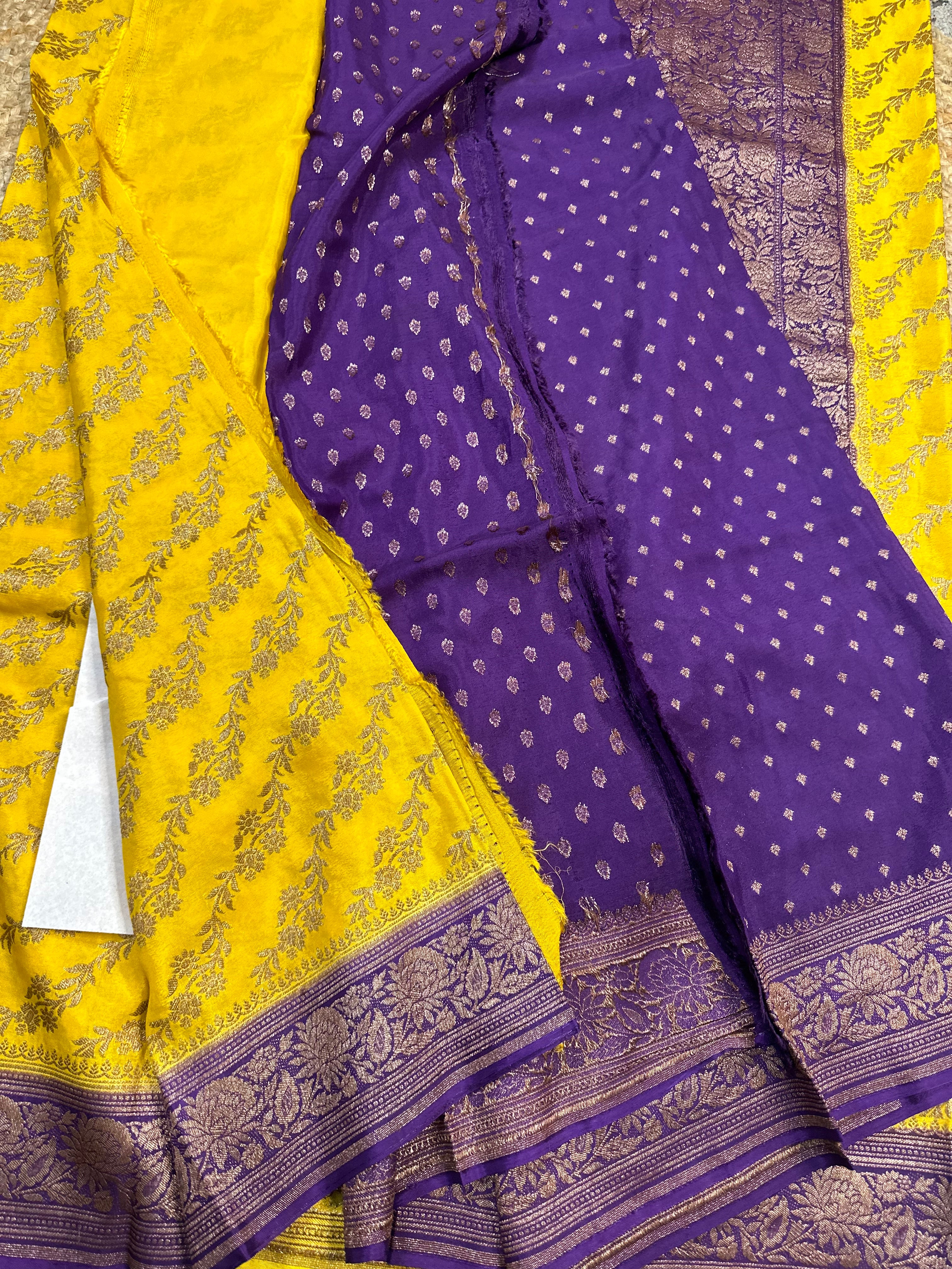 Yellow and purple crepe chiffon sarees.