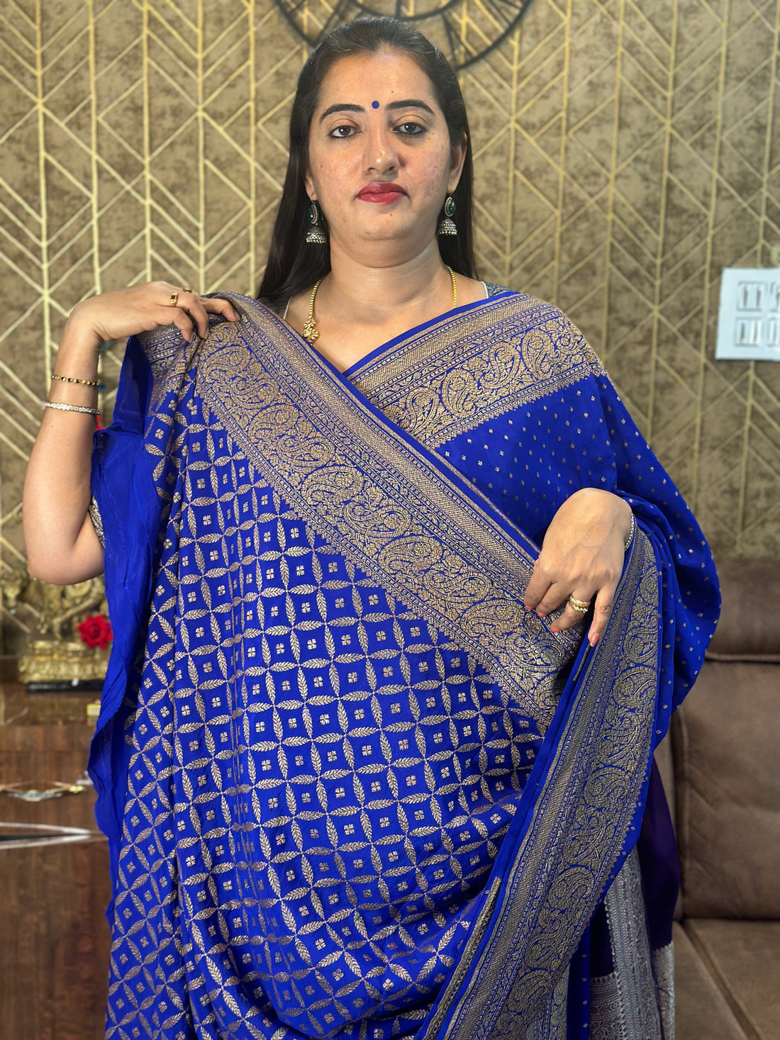 Royal blue pure crepe Banaras sarees.