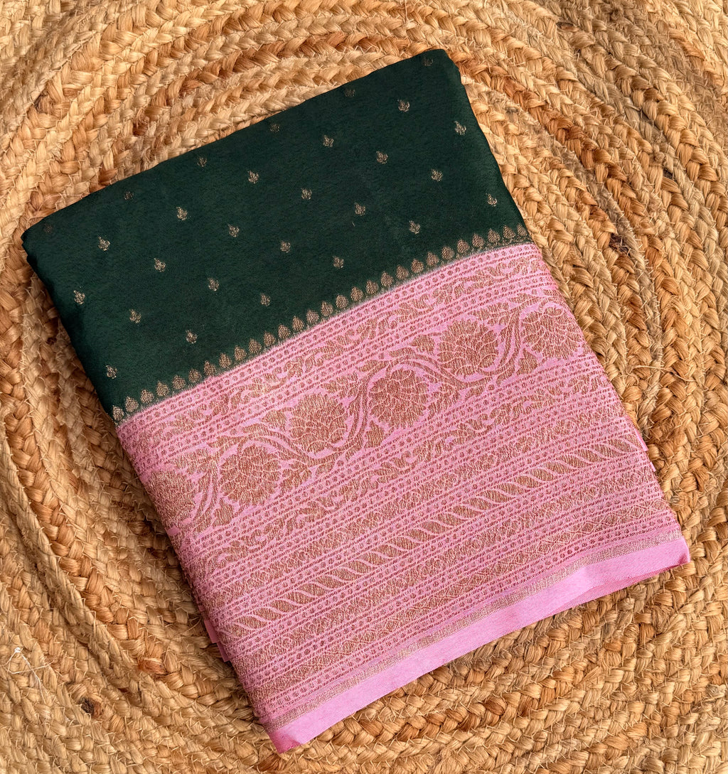 Bottle green n baby pink small butta benarasi crepe saree
