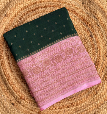 Bottle green n baby pink small butta benarasi crepe saree