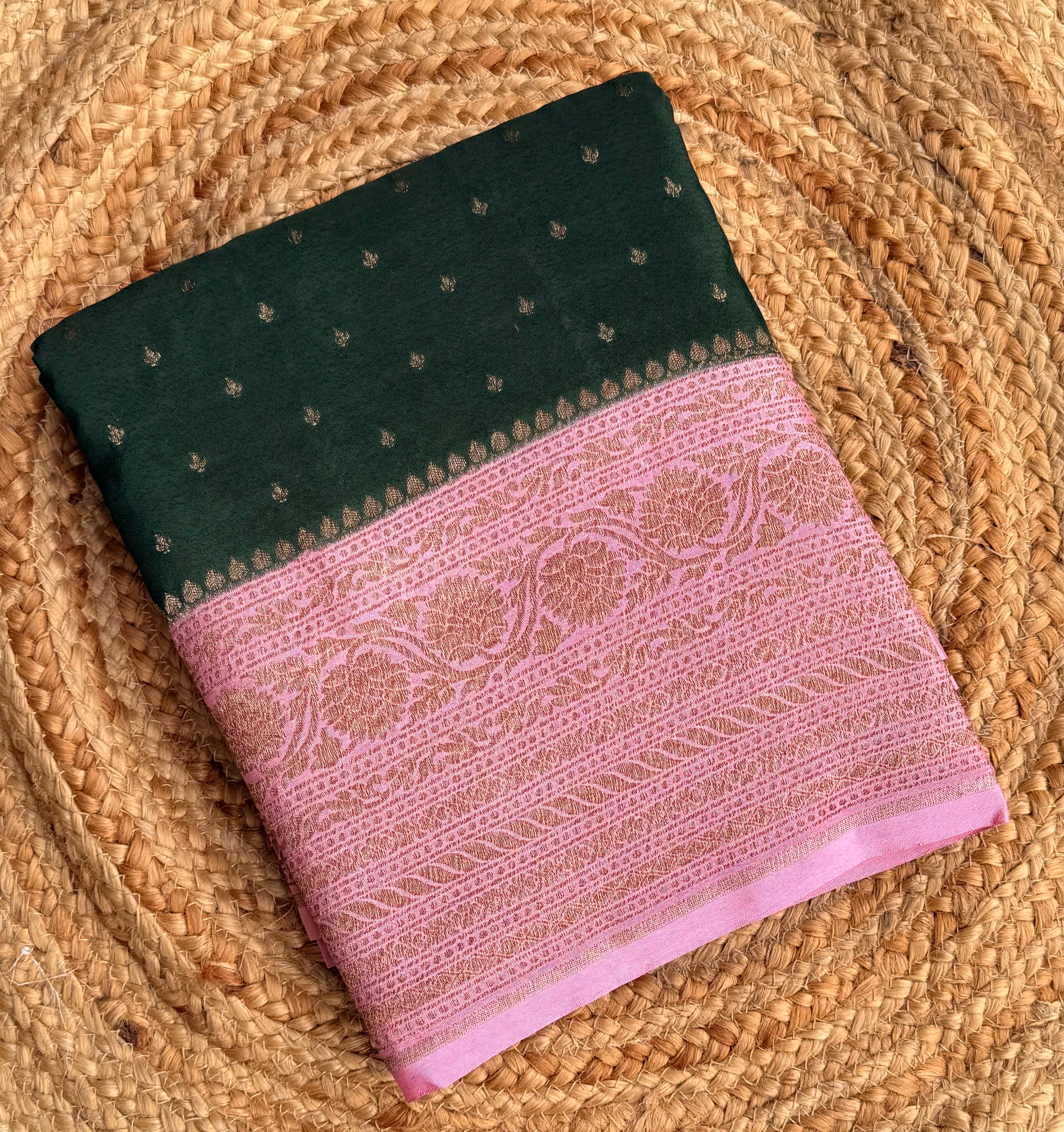 Bottle green n baby pink small butta benarasi crepe saree