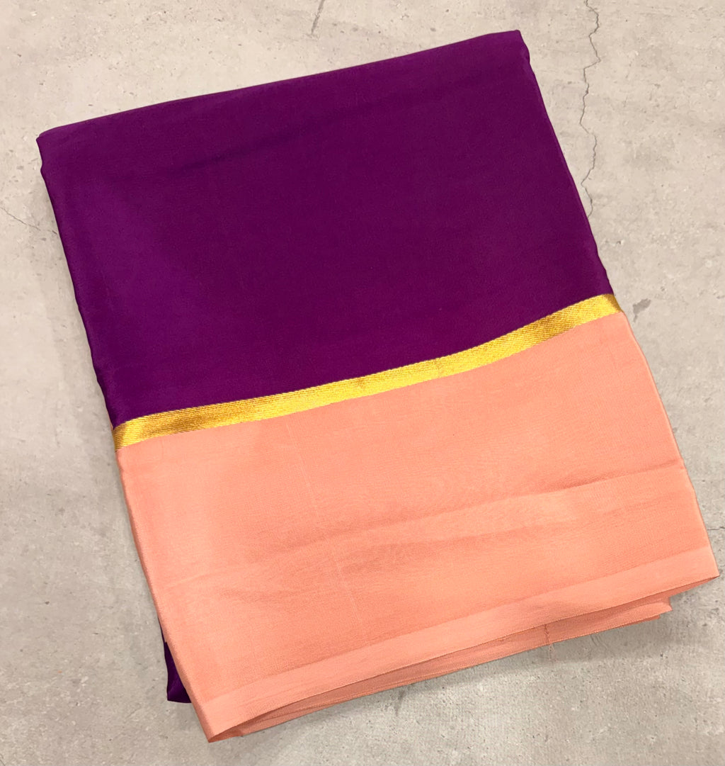 Purple contrast border pure Mysore silk crepe saree