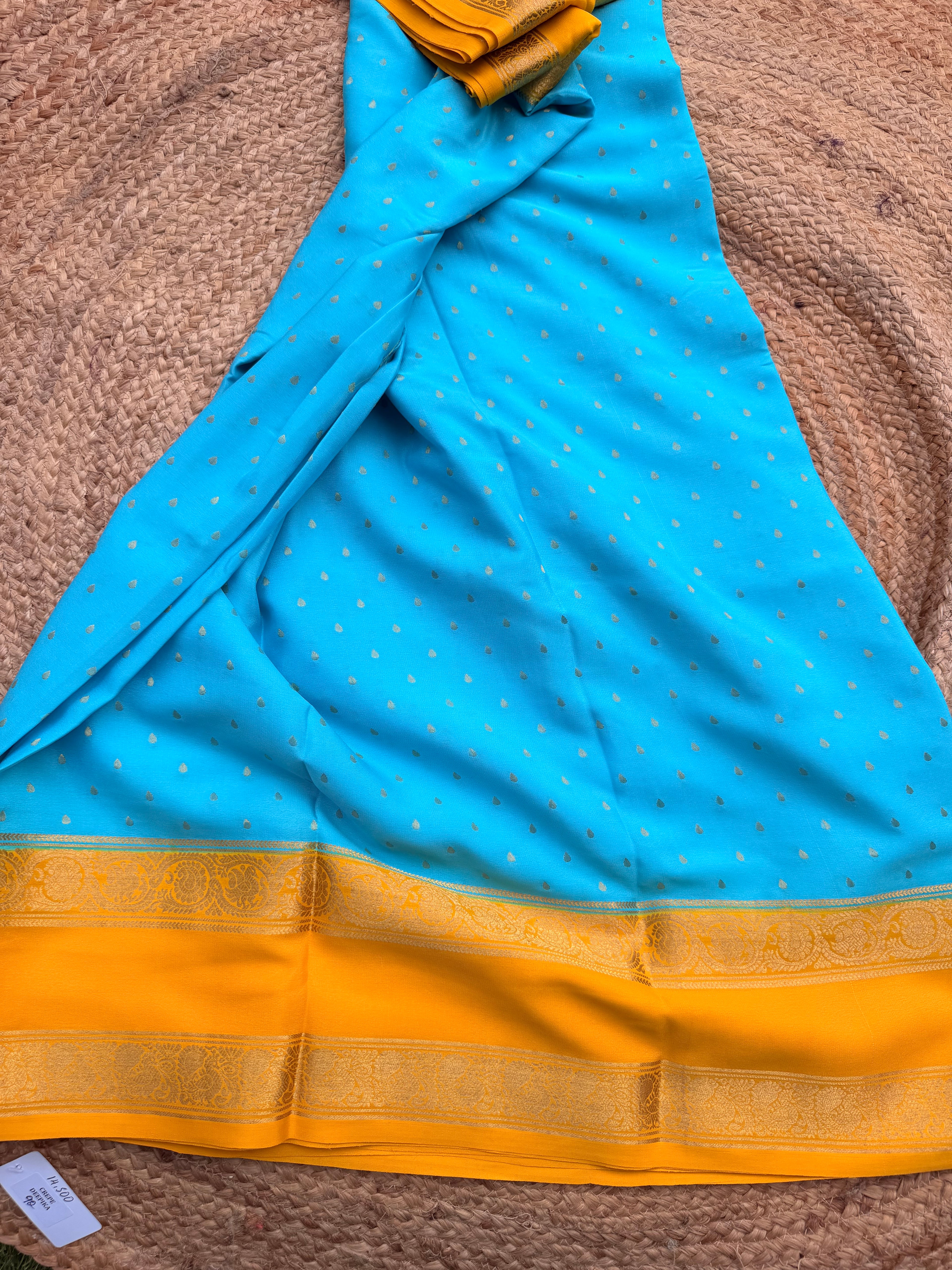 Sky blue and mango yellow 1000 butta pure crepe Mysore silk 120 gsm